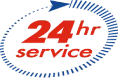 24-hour garage door service logo with blue and red text on green background in Edmonton, AB.